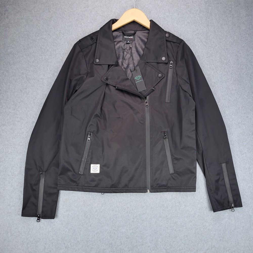 Diamond Supply Co Moto Jacket Mens Medium Black Nylon Asymmetrical Zip Street
